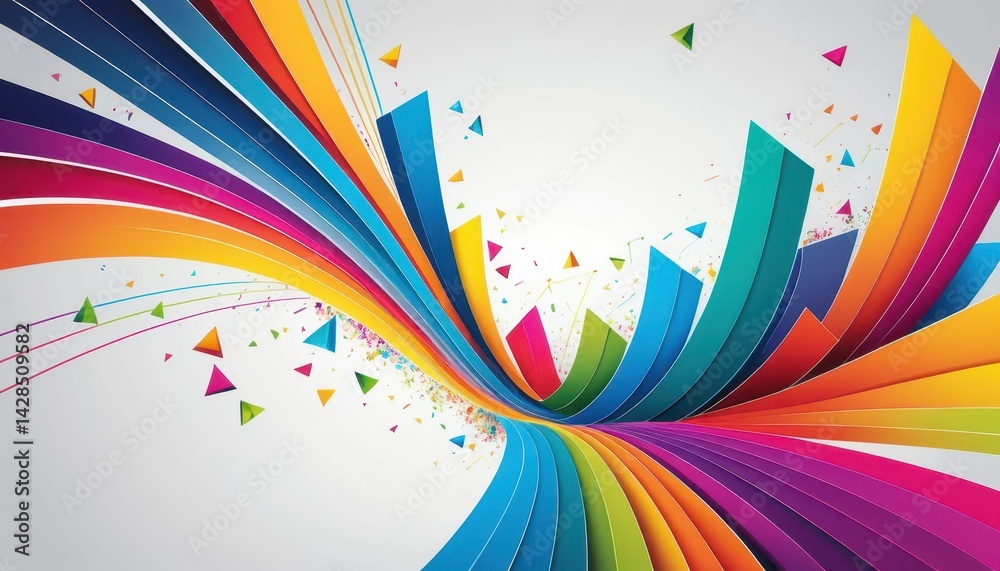 Fototapete Vibrant multicolored ribbons swirl and converge in a dynamic three-dimensional burst on a light gray background with small scattered triangles