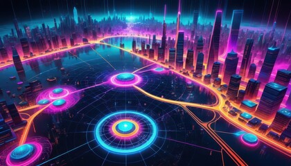 Futuristic Cityscape at Night with Neon Pink and Blue Hues Featu Interconnected Glowing Nodes Along Illuminated Roadways and Skyscrapers