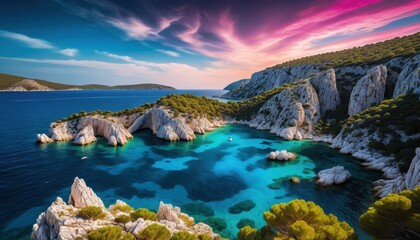 Obraz premium Breathtaking Panoramic View of Secluded Turquoise Cove Surrounded by Dramatic White Limestone Cliffs and Lush Green Vegetation Under Vibrant Sky