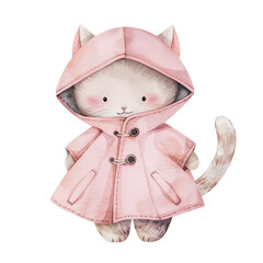 Cute little cat in pink autumn coat with hood. Children's watercolor illustration of animal character in clothes. Isolated clipart with clear even edge on transparent background