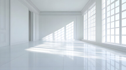 Obraz premium Bright and spacious empty room with large windows pure white background modern minimalist interior