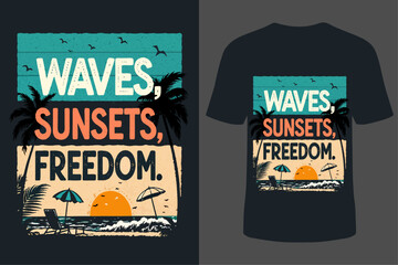 Colorful Summer T-Shirt Design Featuring Sunset, Surfboard, and Ocean Illustration for Beachwear, Holidays, and Casual Fashion
