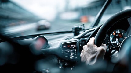 Close-up View of a Drivers Hands Gripping the Steering Wheel in a Race, Showcasing Intense Focus and High-Speed Excitement on the Track
