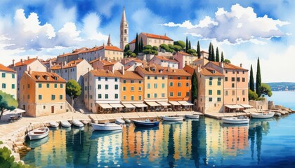 Obraz premium Vibrant Watercolor Painting of a Picturesque Coastal Town with Colorful Buildings, Harbor, Boats and Calm Water Reflections on a Sunny Day