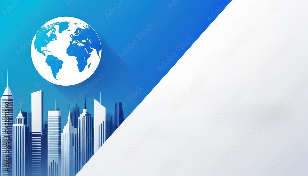 Poster stylized cityscape illustration against gradient blue background with paper-cut style overlay of dia