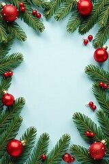 Pastel gray backdrop, fir branches frame, festive decorations , merry christmas, winter background, noel
