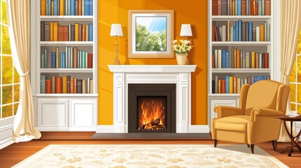 Fototapeta premium Bright contemporary space with fireplace, stylish armchair, built-in bookshelves, and a wide window with curtains drawn