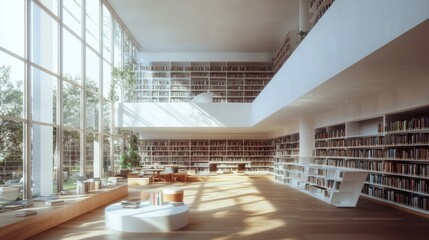 Obraz premium Bright modern library filled with natural light, minimalist shelving, and spacious reading areas with ample room to explore
