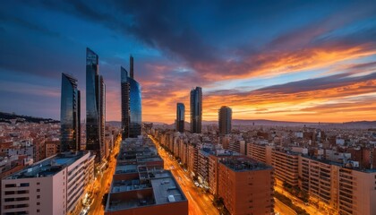 Fototapeta premium A Stunning Sunrise Illuminating a Cityscape with Modern Skyscrapers and Expansive Lower Buildings in Beautiful Vibrant Colors of Orange and Blue