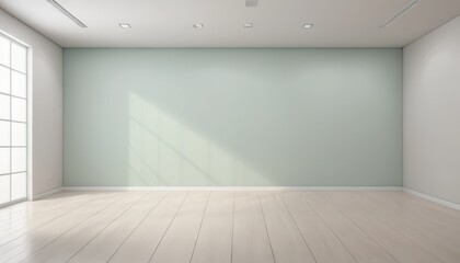 Bright Minimalist Room with Light Wood Floo and Pale Green Accent Wall Bathed in Sunlight Streaming Through a Large White-Framed Window