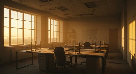 Fototapeta premium Sunlight streams into an empty abandoned office with dusty desks and overturned chairs. Dilapidated workspace symbolizing economic downturn or business closure.