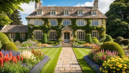 Obraz premium Majestic Ivy-Covered Stone Manor House Surrounded by Lush Gardens and Vibrant Blooms on a Sprawling Lawn Perfect for Elegant Outdoor Gathes