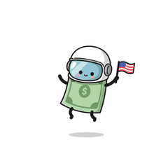 Naklejka premium Cute astronaut character holding American flag wearing money costume in playful style vector illustration 