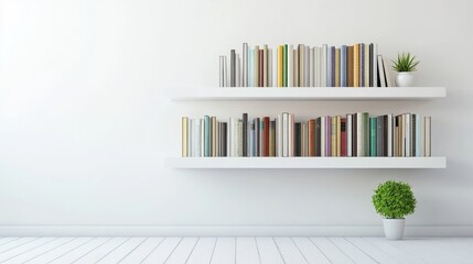 Obraz premium Clean-lined white shelving in a bright modern interior, displaying books and a small green plant for contrast