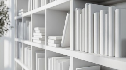 Obraz premium Close-up of a perfectly organized white bookshelf with same-sized books and subtle shadowing