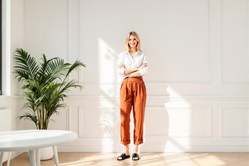 Woman standing confidently in casual outfit with natural light casting shadows, minimal white wall background, concept of modern lifestyle. Ai generative