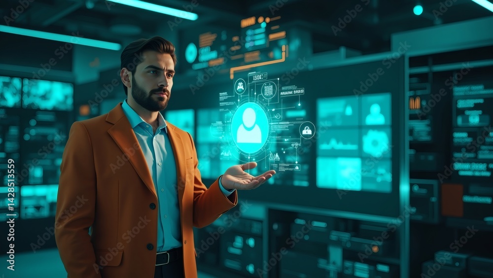 Poster a modern man in a orange suit interacting with a futuristic digital interface