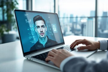 Person using laptop displaying facial recognition interface with biometric data, creative digital style, on office background. Concept of cybersecurity. Ai generative