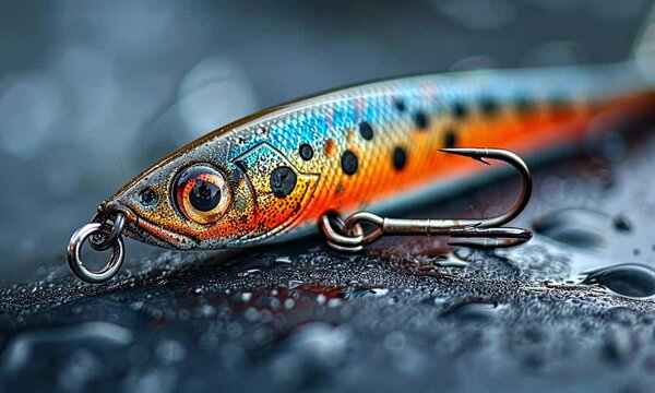 Colorful fishing lure on wet rocks