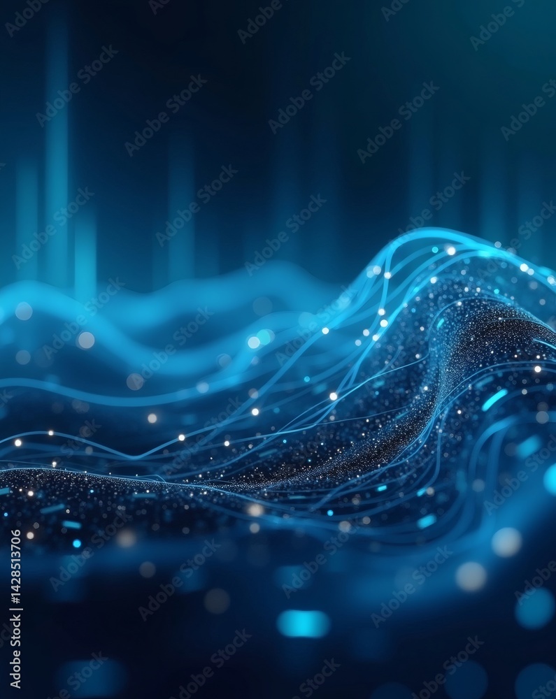 Poster abstract blue digital wave with glowing particles. the image evokes feelings of technology, innovati