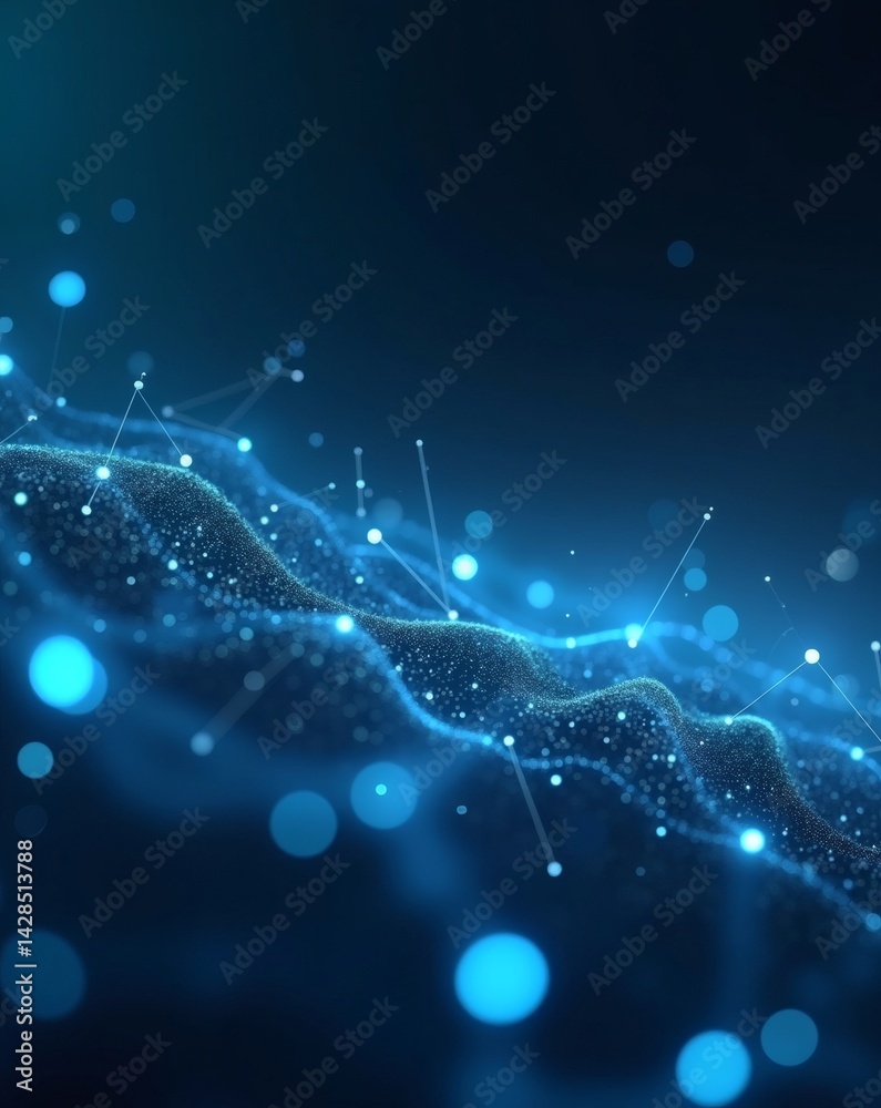 Poster abstract digital wave with glowing particles and lines in a gradient of blues, representing connectivity and technological innovation