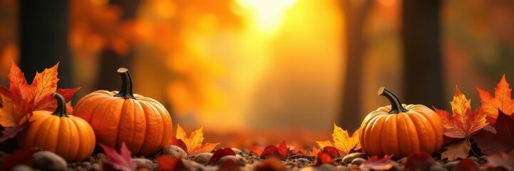 Sunlit autumn scene, decorative pumpkins, foliage border , thanksgiving, vibrant, design
