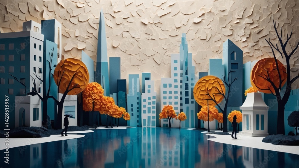 Aufkleber an imaginative cityscape of stylized buildings and trees reflected in tranquil water, with intriguin