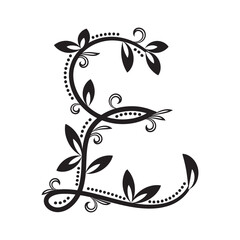 Floral decorative letter E made of black leafy vines. Elegant vintage monogram style, ideal for invitations, branding, or logo design.