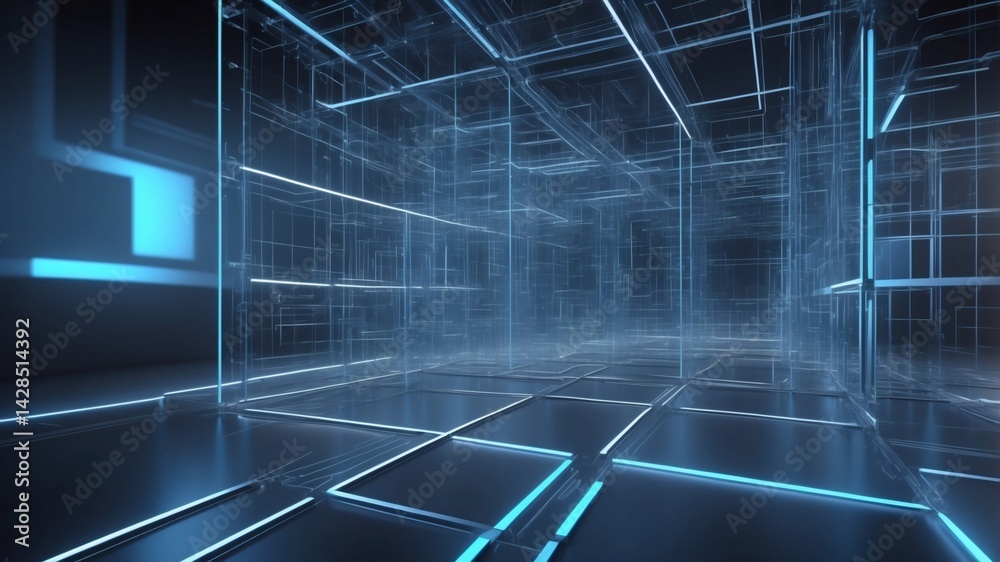 Poster abstract blue glowing lines forming a futuristic digital tunnel or corridor. the image features a vi