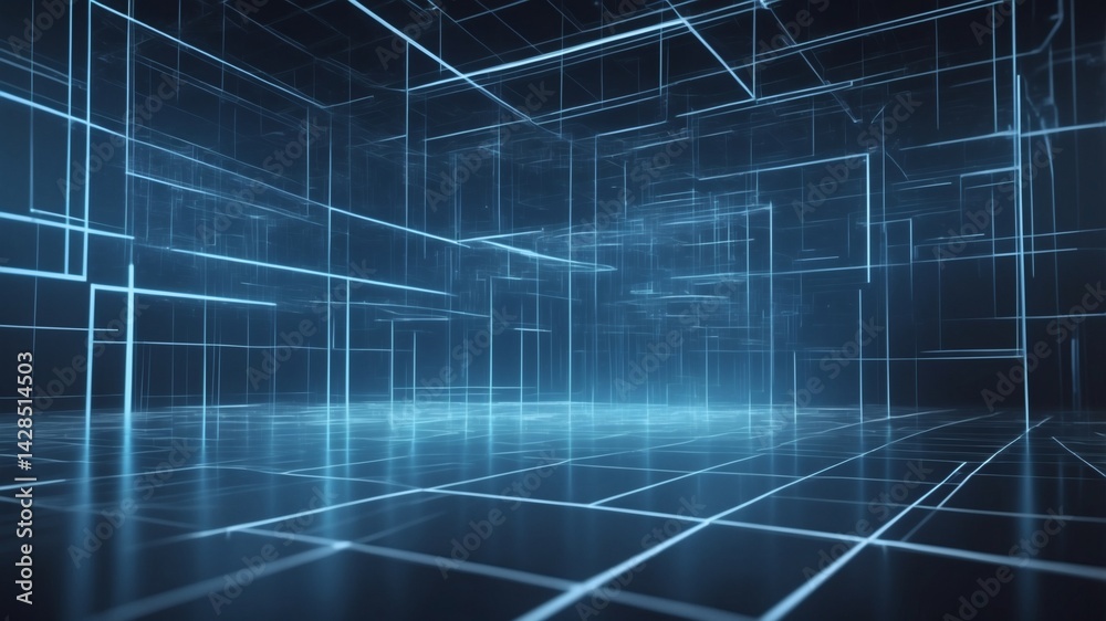 Poster Abstract blue digital lines forming a futuristic 3D room, creating a sense of depth and technological innovation. The room has bright glowing edges with a dark background.