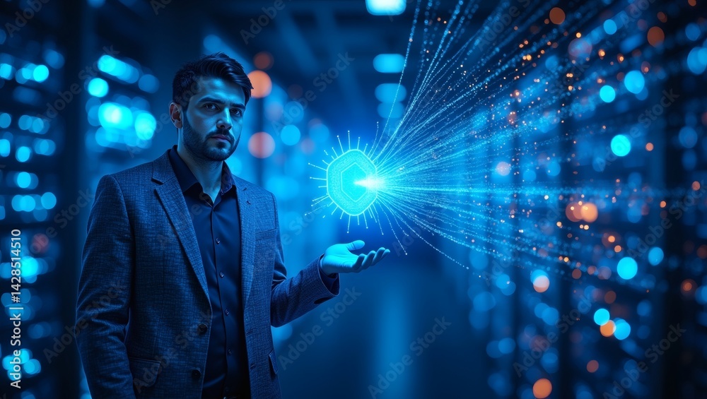 Poster a man in a suit looking at a glowing sphere in his hand with futuristic background