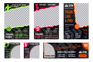 Personal Trainer Posters and Banners. Social Media Templates Set, Fitness woman and man with text
