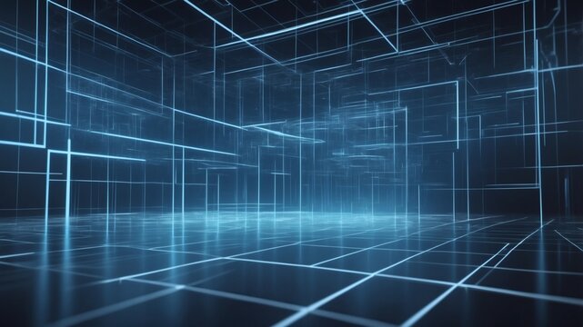 Abstract blue digital lines forming a futuristic 3D room, creating a sense of depth and technological innovation. The room has bright glowing edges with a dark background.