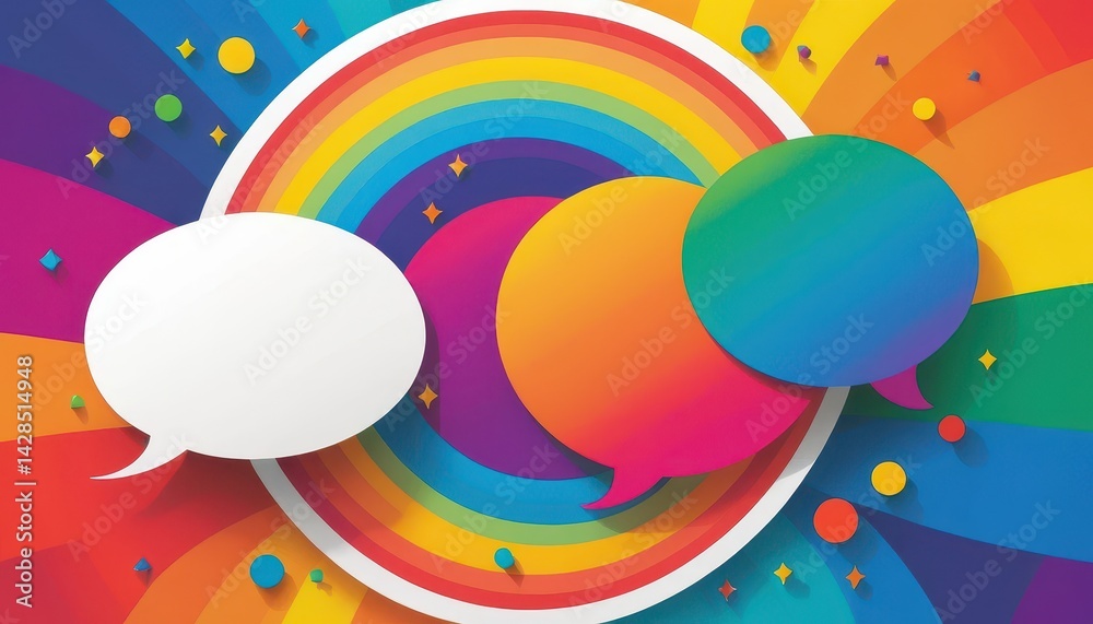 Poster colorful speech bubbles in white pink-orange and teal on vibrant rainbow radial background with colo