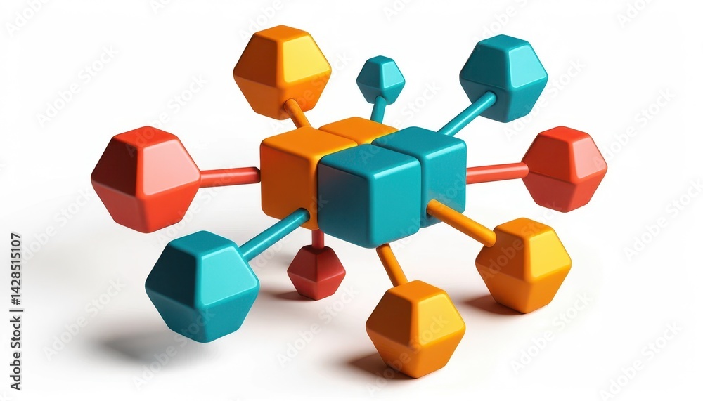 Fototapete Abstract 3D Network Structure with Interconnected Orange Teal and Red Cubes and Hexagons on a Clean White Background for Modern Design Concepts
