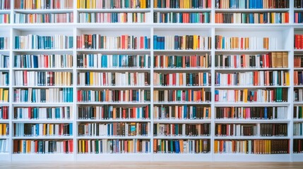 Design-focused studio space with white shelving full of neatly arranged, identical books