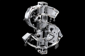 Clear Water Dollar Sign Sculpture with Dripping Effect on Black Background