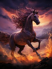 A majestic dark horse galloping through a fiery landscape under a dramatic sky with clouds and light