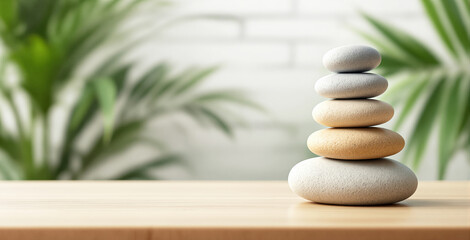Obraz premium Smooth zen stones stacked on wooden countertop with blurred tropical leaves and white brick wall background, concept of balance and calm. Ai generative