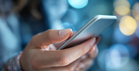 Close-up of a hand holding a smartphone, creative style with soft focus lights in background, symbolizing mobile communication and digital interaction. Ai generative