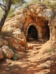 Entrance to a dark cave with steps leading inside surrounded by rocks and trees in a desert setting