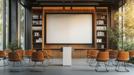 Empty podium stands at the center of a modern office setup, framed by minimalist chairs, a tall bookshelf, and a white projector screen