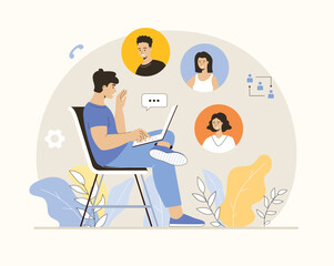 Man with laptop have videoconference with colleagues, clients or friends. Online meeting, web conferencing, virtual call. Flat vector illustration.