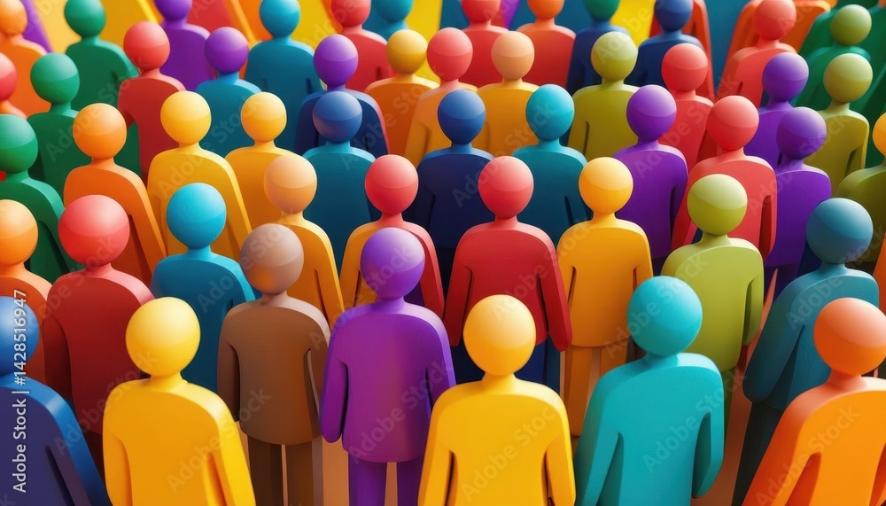 Poster a diverse crowd of simplified 3d human figures in multicolor, viewed from above, representing unity,
