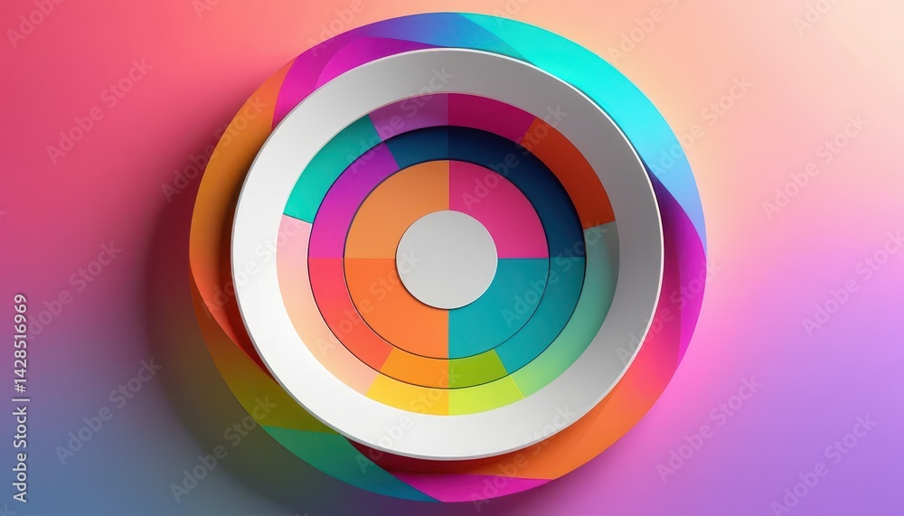 Aufkleber Abstract Vibrant Concentric Circles Resembling Colorful Pie Chart on a Smooth Gradient Background of Pink and Orange Hues for Artistic Designs