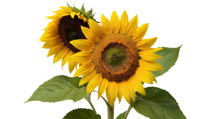 Yellow sunflower with green leaves isolated on transparent background,sunflower, flower, leaf, nature, yellow, plant, aesthetic, artwork, 23
