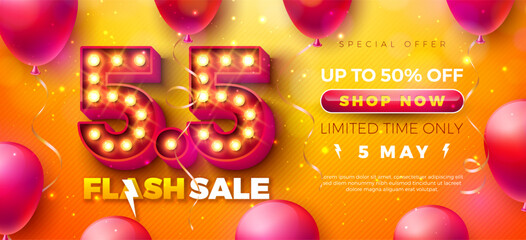 5 May Shopping Day Flash Sale Design with 3d 5.5 Light Bulb Billboard Number and Party Balloon on Yellow Background. Vector Special Offer 50 Percent Off Campaign Discount Illustration for Coupon