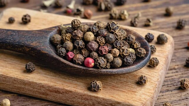 A collection of small round peppercorns and red berries rest in a natural arrangement, showcasing both dried brown spherical peppercorns 
