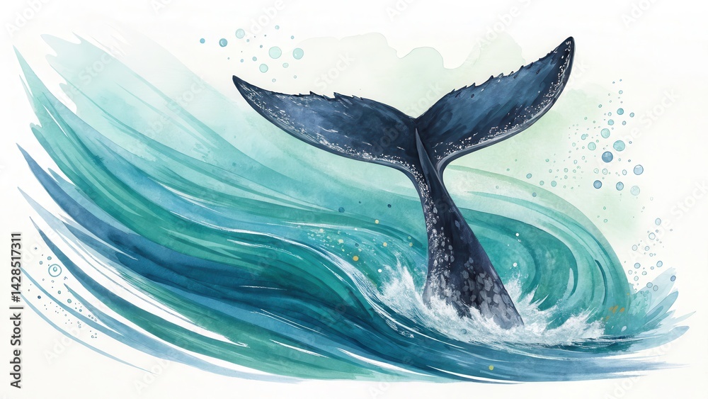 Poster whale tail emerging from vibrant blue waves, creating a dynamic ocean scene.