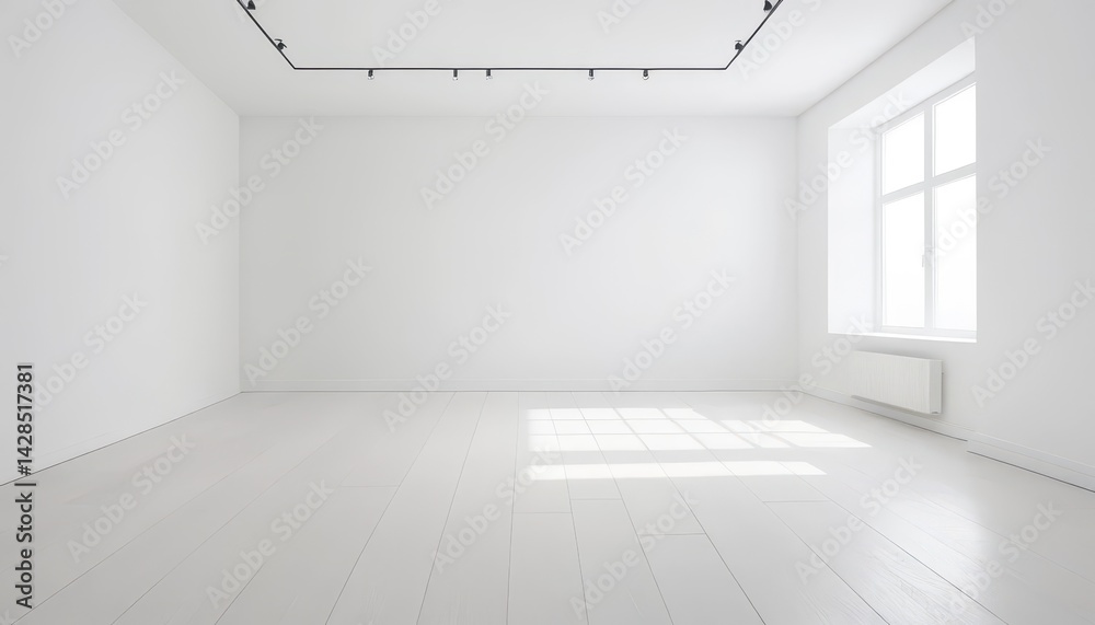 Poster A minimalist empty room featu pristine white walls and floors adorned with a single window complemented by modern track lighting design elements